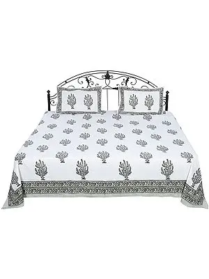 Lily-White Bedspread from Sanganer with Block-Printed Bushes
