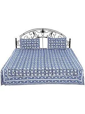 True-Navy Bedspread from Sanganer with Printed Floral Vines All-Over