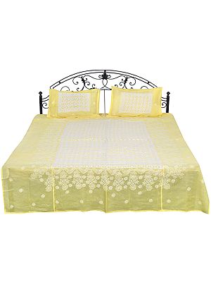 Daffodil Bedspread from Lucknow with Chikan Hand-Embroidery and Cut-work