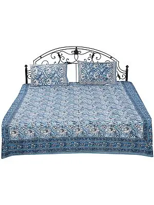 Smoke-Blue Sanganeri Bedspread with Printed Floral Vines