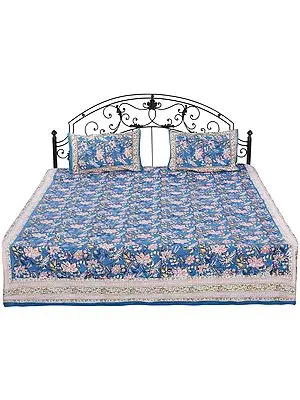 Celestial-Blue Sanganeri Bedspread with Screen-Printed Flower