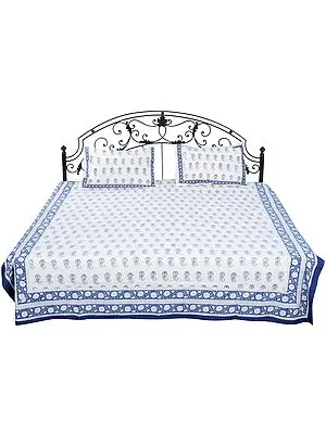 Snow-White Sanganeri Bedspread with Printed Paisleys