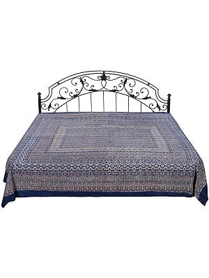 Blue-Indigo Floral Printed Bedcover from Jaipur with Kantha Straight Stitch Embroidery