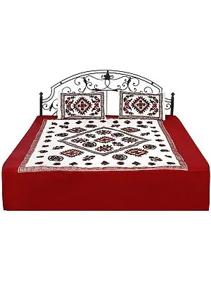 Cream and Maroon Bedcover from Gujarat with Embroidered Florals and Mirrors
