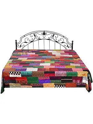 Multicolored Floral Printed Bedcover with Patch-work and Kantha Straight Stitch Embroidery
