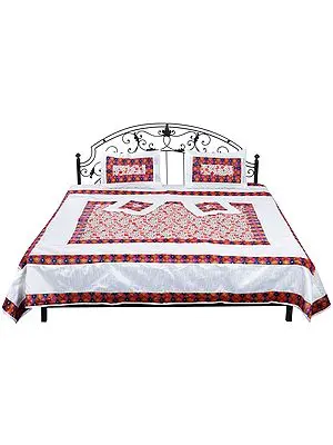 Bright-White Bedspread from Gujarat with Embroidered  Flowers and Patch Border