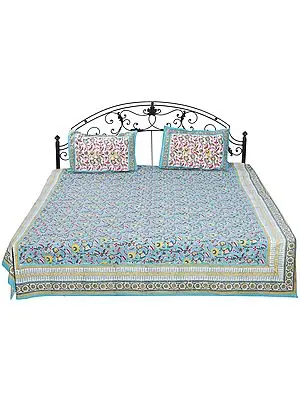 Turquoise Bedspread from Sanganer with Floral Screen Print