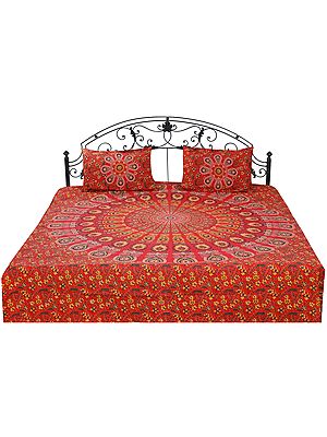 Bittersweet-Red Bedspread from Jaipur with Printed Giant Mandala