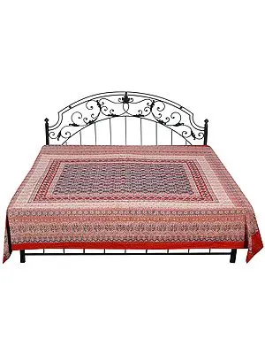Poppy-Red Bagdoo Printed Bedcover from Amer with Kantha Straight Stitch Embroidery