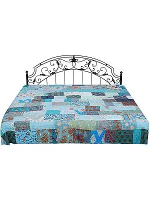 Bachelor-Button Kantha Embroidered Bedcover from Jaipur with Crystals and Patch Work