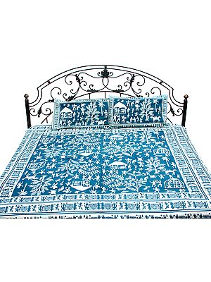 Teal-Blue Bedspread with Hand Printed Folk Figures Inspired By Warli Art