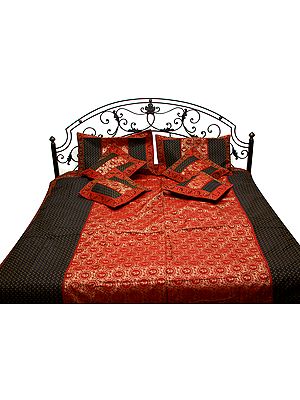 Tomato-Red and Black Seven-Piece Bedspread from Banaras with Brocaded Elephants