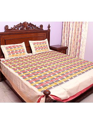 Tri-Color Bedspread from Pochampally with Ikat Woven Stripes