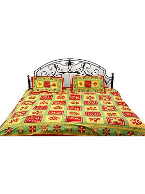 Tri-Color Kantha Stitch Bedspread with Auspicious Print