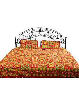 Tri-Color Kantha Stitch Bedspread with Hanging Bells
