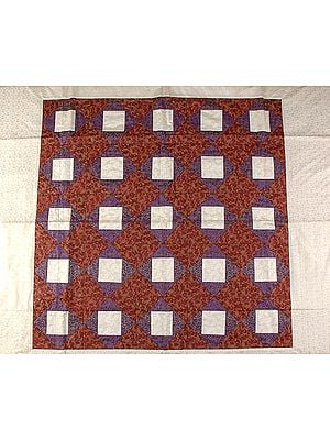 Tri-Color Patchwork Table Cover from Banaras with All-Over Golden Thread Weave