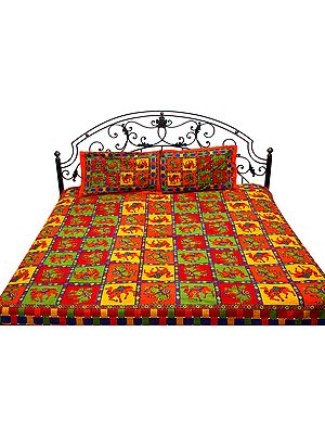 Tri-Color Sanganeri Bedspread with Printed Camels and Kantha Embroidery