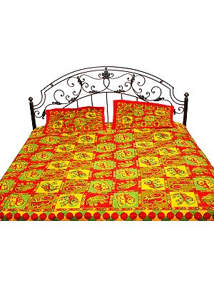Tri-Color Sanganeri Bedspread with Printed Elephant and Kantha Embroidery
