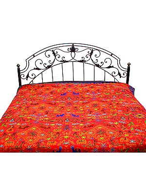 True-Red Gujarati Bedspread with Metallic Thread Embroidered Folk Motifs
