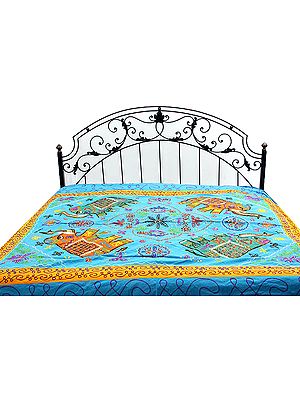 Turquoise Gujarati Bedspread with Appliqué Elephants and All-Over Embroidery
