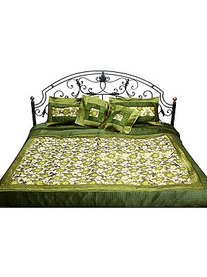 Willow Bough Five-Piece Banarasi Bedspread with Woven Flowers and Brocade Border