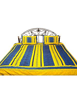 Yellow and Blue Printed Bedspread with Kantha Stitch Embroidery