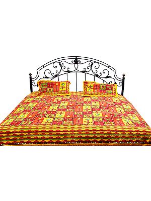 Yellow and Orange Kantha Stitch Bedspread with Hanging Bells