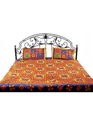 Kantha Stitch Bedspread with Hanging Bells in Yellow and Orange