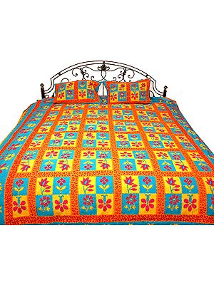Yellow and Turquoise Floral Printed Bedspread with Kantha Stitch