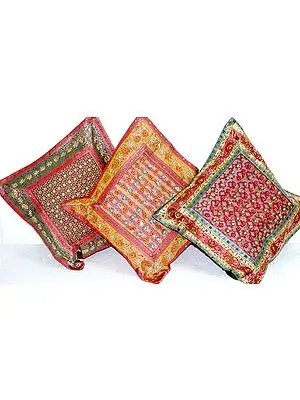 Lot of Three Brocaded Cushion Covers with Beadwork