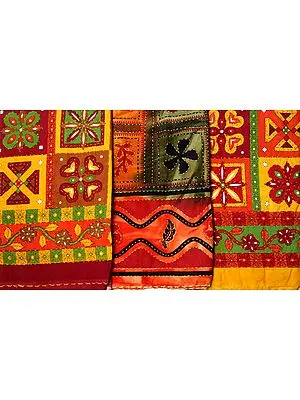 Lot of Three Printed Bedspreads from Sanganer with Kantha Stitch Embroidery