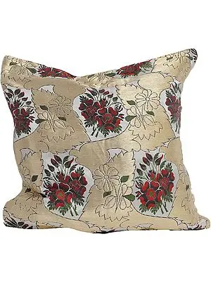 White and Golden Brocaded Cushion Cover with Hand-woven Flowers