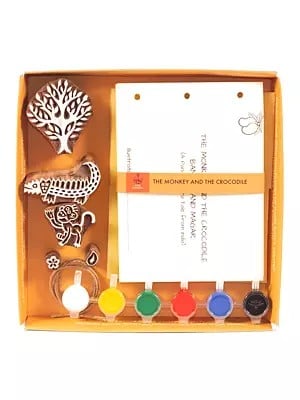 Wooden Block Printing Craft Kit Print Your Own Panchtantra Story Book Magar & Bandar (Do it Yourself)