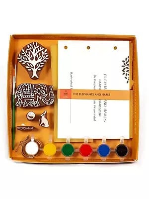 Wooden Block Printing Craft Kit Print Your Own Panchtantra Story Book Haathi & Khargosh (Do it Yourself)
