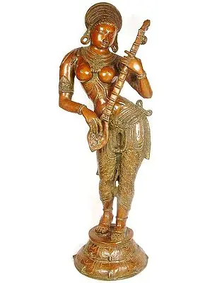 37" Yogini Plays The Veena in Brass | Handmade Indian Sculpture | Spiritual & Artistic Decor