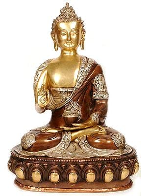 14" Blessing Buddha with Ashtamangala Carved on His Robe In Brass | Handmade | Made In India