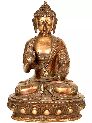 Buddha in the Abhaya Mudra with Ashtamangala Carved on His Robe In Brass | Handmade | Made In India
