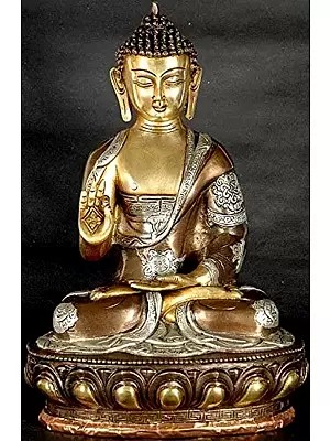 Buddha in the Abhaya Mudra with Ashtamangala Carved on His Robe In Brass | Handmade | Made In India