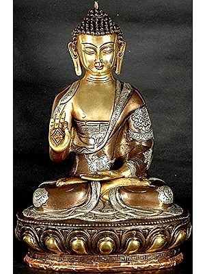11" Buddha in the Abhaya Mudra with Ashtamangala Carved on His Robe In Brass | Handmade | Made In India