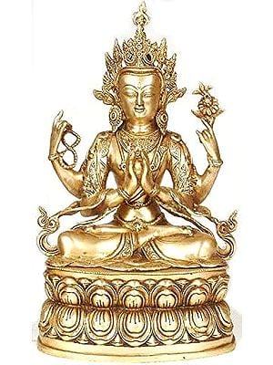 17" (Tibetan Buddhist Deity) Chenresig or the Four-Armed Avalokiteshvara In Brass | Handmade | Made In India