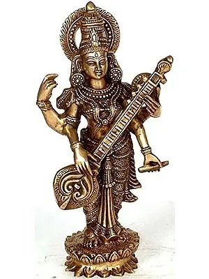 16" The Goddess Saraswati in Brass | Handmade | Made in India