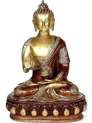 13" The Blessing Buddha with Ashtamangala Carved on His Robe In Brass | Handmade | Made In India