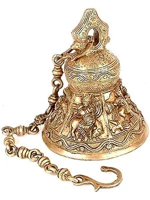 24" Brass Hanging Ritual Bell with Six Auspicious Images of Lord Krishna | Handmade