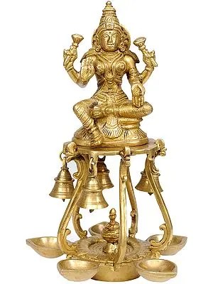9" Auspicious Lakshmi Lamps with Bells In Brass | Handmade | Made In India