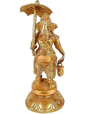 6" Brass Ganesha Idol with Umbrella and Kamandala | Handmade | Made in India