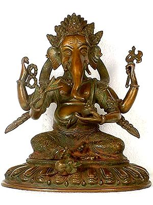 11" Four-Armed Ganesha in Lalitasana In Brass | Handmade | Made In India