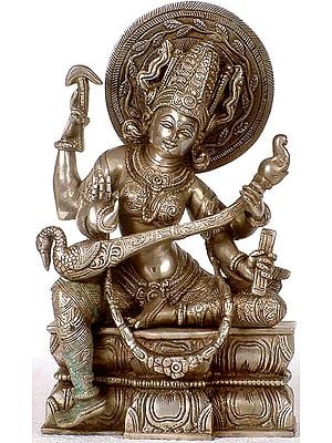 11" Devi Saraswati In Brass | Handmade | Made In India