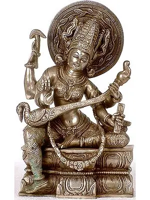 11" Devi Saraswati Brass Statue | Handmade Brass Idol