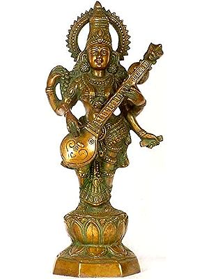 13" Standing Saraswati Brass Idol | Handmade Brass Statue
