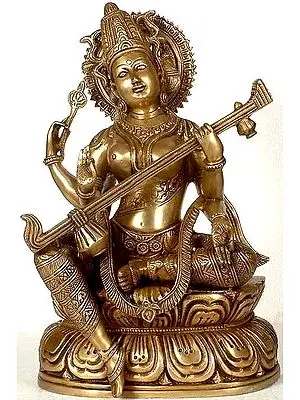 15" Devi Saraswati Brass Statue | Handmade Religious Figurine